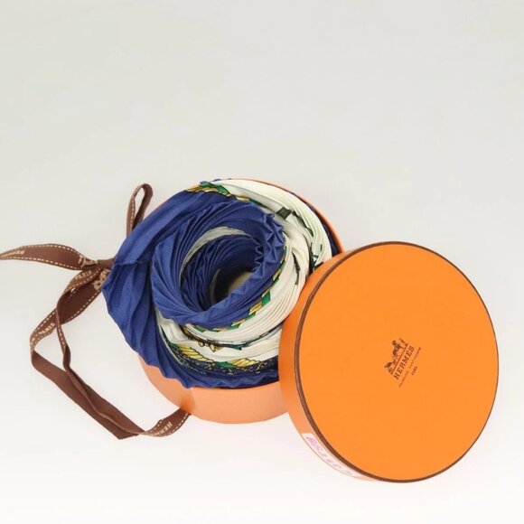 HERMES Pleated Scarf ""LES VOITURES A TRANSFORMATION"" Silk Blue Auth - Picture 13 of 16